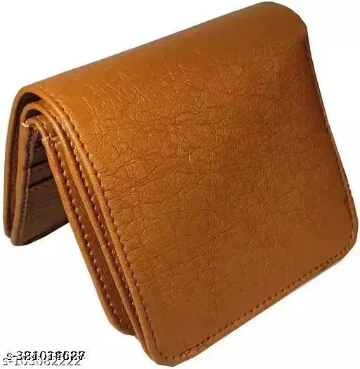 Tan faux leather men's wallet - regular size (5 card slots), durable texture with bi-fold design and 2 hidden pockets for safe storage