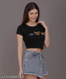 Black cotton blend crop top for girls & women with printed net butterflies, perfect summer wear
