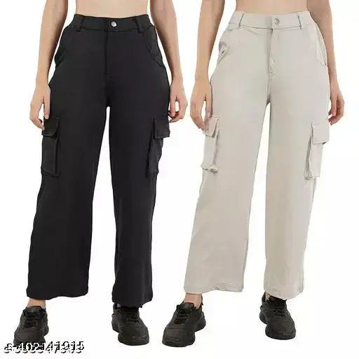 Women's cotton blend mid-waist cargo trousers for regular use and casual wear combo - solid net, size S-XXXXL