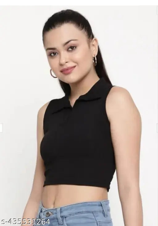 Black cotton crop top, sleeveless and solid, women's fashion for party, casual or picnic wear