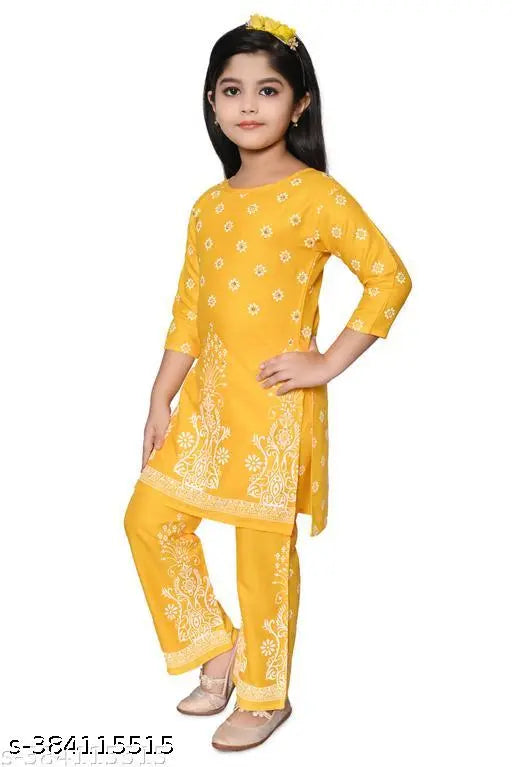 Kids girls rayon printed kurta palazzo set, size 4-5 years, knee length