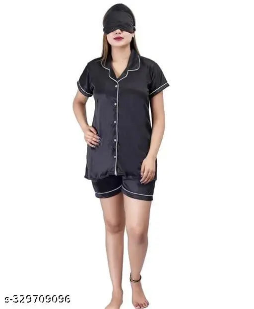 Satin nightsuit set: 1 shirt, 1 pajama, 1 short, 1 eyemask (best quality, free size). Comfortable Indian-made satin sleepwear for stylish nights