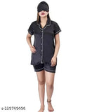 Satin nightsuit set: 1 shirt, 1 pajama, 1 short, 1 eyemask (best quality, free size). Comfortable Indian-made satin sleepwear for stylish nights
