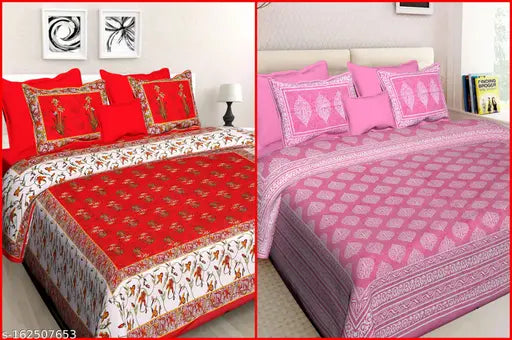 100 Cotton Double Bed Sheet Combo - Red & Pink Floral Bedding Set