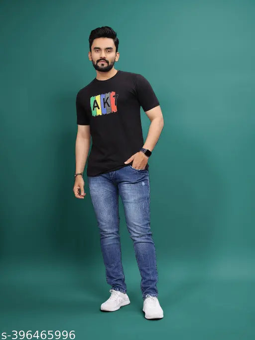 Men's cotton round neck t-shirt, short sleeves, printed design, S-XL sizes (38in-44in chest) from Farbot, India