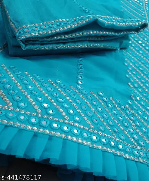 Blue chiffon sari with sequined zari pallu and blouse, 9mm embellishments