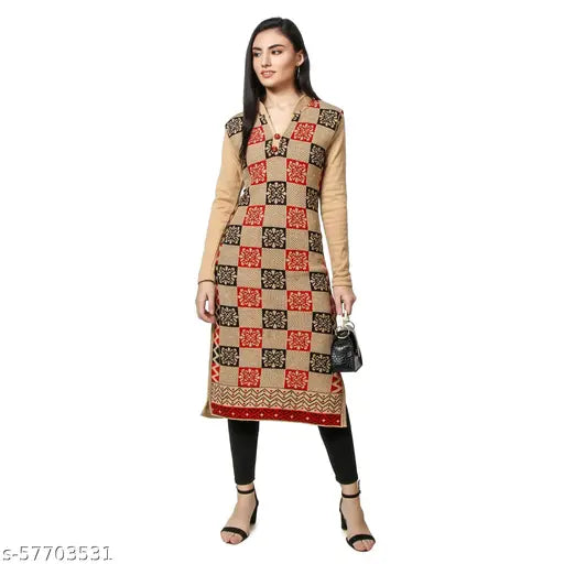 Beige woolen kameez with straight print for women's casual wear
