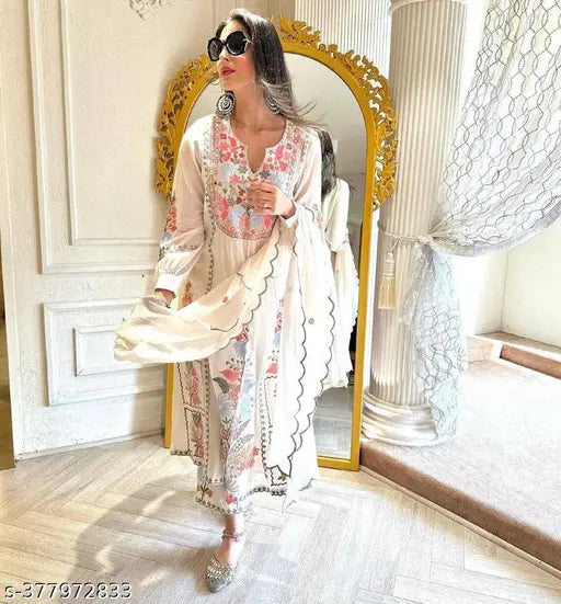White Georgette Plazzo Dupatta Set with Embroidered Top & Rayon Bottom, Heavy Faux Embroidery Work, Riyal Mirror Handwork, Three-Quarter Sleeves. Indian designer party wear for women, size options available