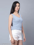 Sleeveless solid ribbed crop tank top in cotton blend, comfortable for women's casual outfits, India origin