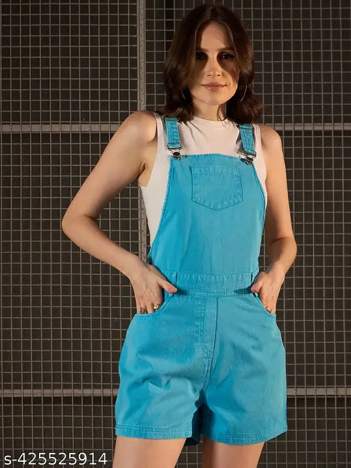 Blue denim dungaree shorts for women, sleeveless solid style, size S-XXL, made in India