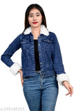 Designer denim jacket, long sleeves, solid pattern, women's ethnic wear under budget. Indian-made, versatile outer layer for stylish ladies