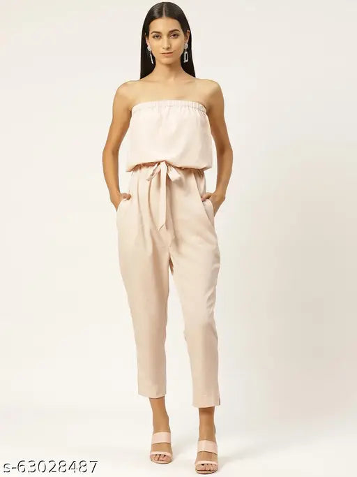 Peach polyester solid western wear jumpsuit with fabric belt for women, off-shoulder neckline and ankle length (50 inches), casual, festive & party wear, India origin