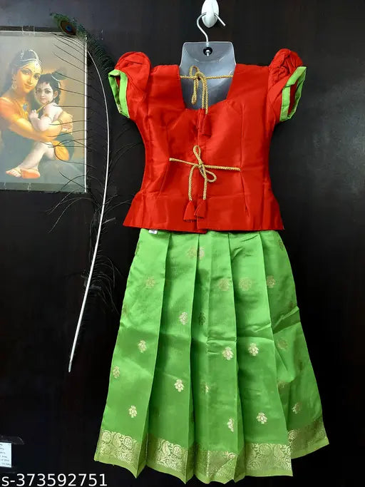 Embroidered silk pattu lehenga choli for kids, Indian traditional wear for birthday or party