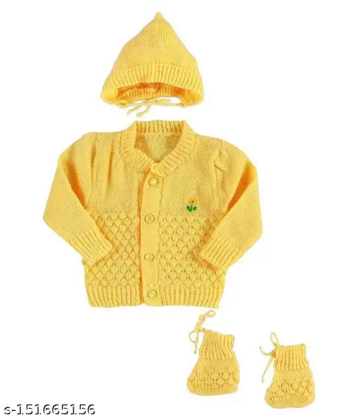 Woolen newborn baby set (3 pcs suit) in solid pattern, warm and comfortable for 0-3 months, Indian-made