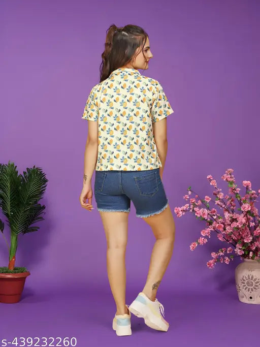 Printed hemp shirt, polycotton, short sleeves, sustainable fibers, citrus design, women's clothing, size M, imported