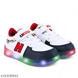 Red and blue kids' LED light shoes with adjustable straps, colorful lights