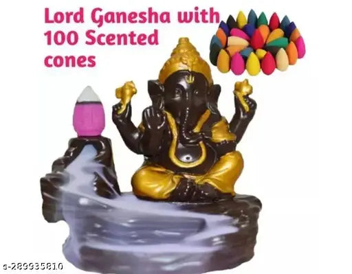 Golden resin Ganesh incense holder with free 100 backflow scented cones, decorative Indian showpiece