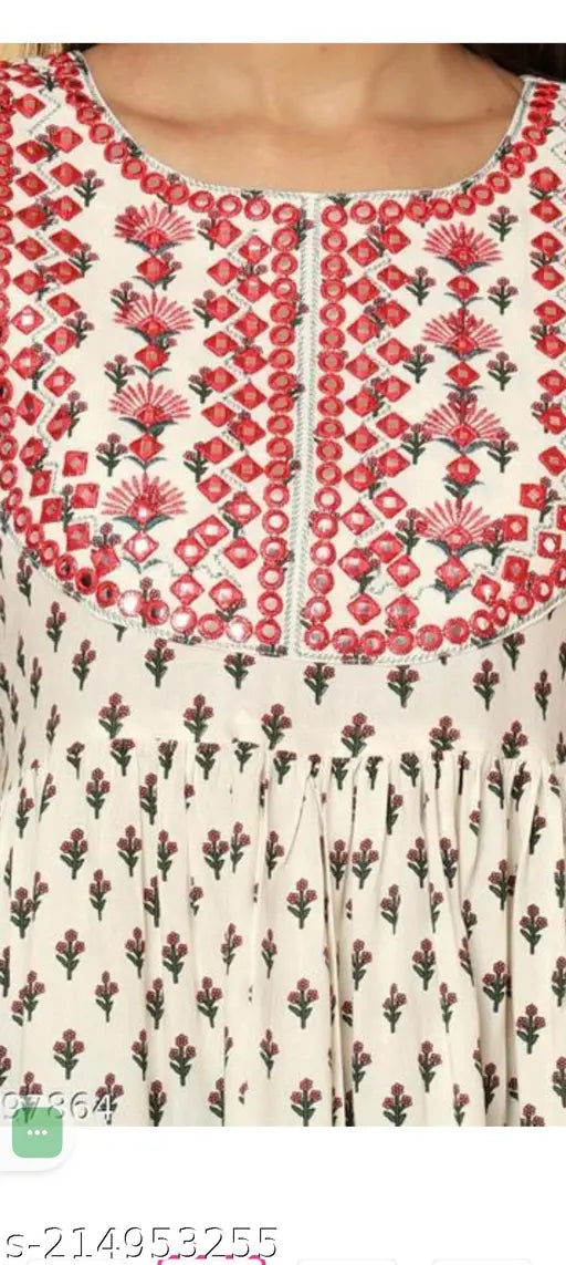 Cream flowermotif embroidered women's kurta with front zip closure