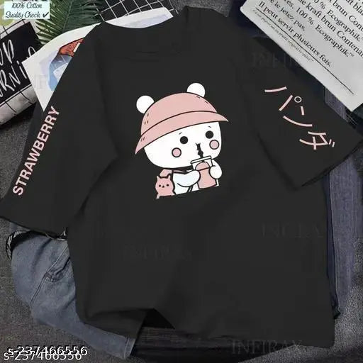 Black cotton oversized T-shirt with panda graphic and sipper shoes illustration