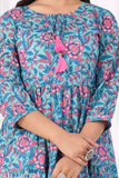 Woman's cotton floral printed Anarkali kurta with three-quarter sleeves, vibrant Indian ethnic wear for S-XXXL sizes