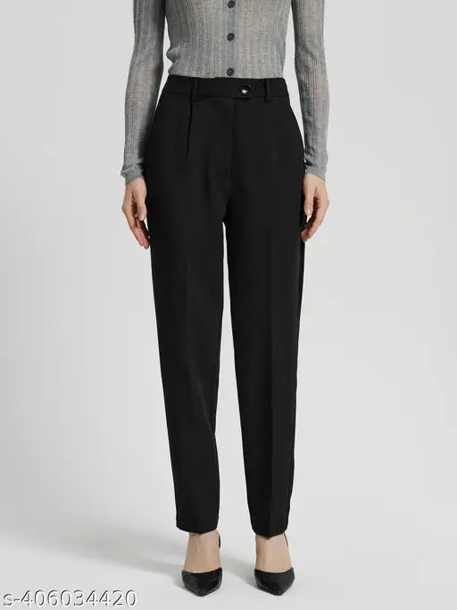 Pretty womens high-waist loose straight-leg cropped work pants, black, with pockets