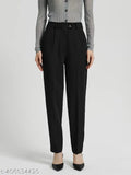 Pretty womens high-waist loose straight-leg cropped work pants, black, with pockets
