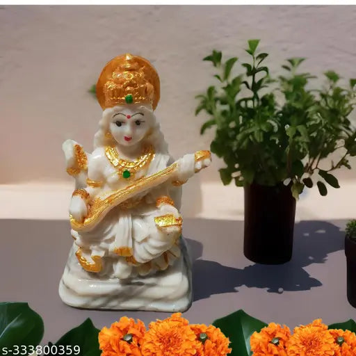 High-quality polyresin Saraswati figurine, 9cm tall, perfect for home or office decor
