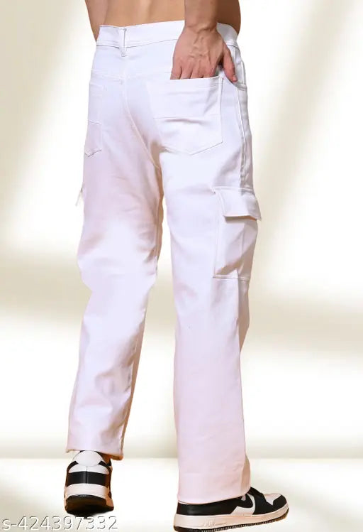 White denim pocket jeans, loose fit by Jeancherry with contrast thread detailing. Pre-shrunk and pill-resistant fabric for extended use. Baggy fit and classic pocket design for effortless style and comfort. Available in sizes 28, 30, 32, and 34 (waist: 28/30/32/34 inches, length: 42 inches, hip: 44/46/48/50 inches). Made in India