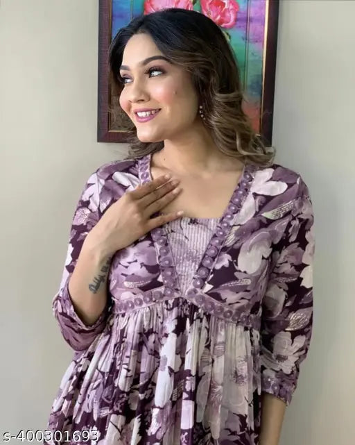 Printed rayon Alia cut kurta, three-quarter sleeves, vibrant Indian fashion