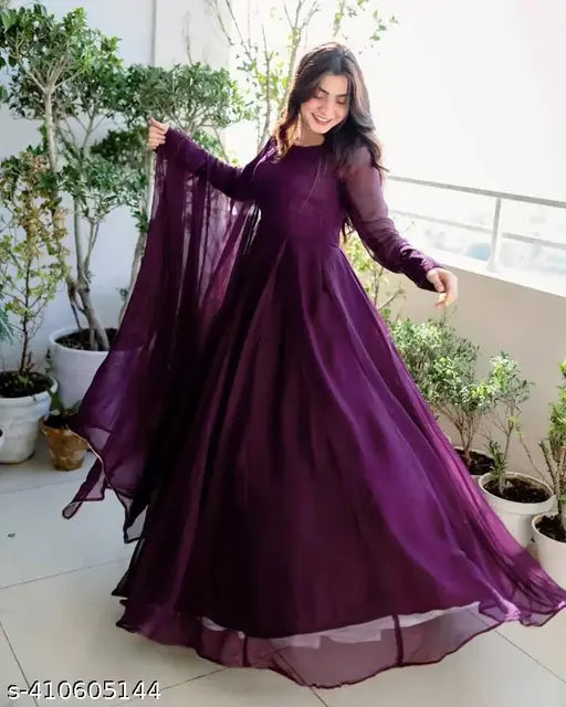 Wine georgette gown & dupatta set (S-XXL), solid pattern, full stitched, ready-made women's fashion from India