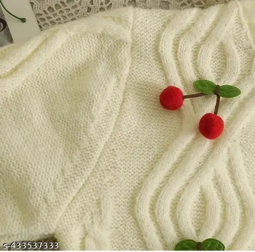 Imported cream wool cropped cardigan with self-design knitted red cherry pattern, long sleeves