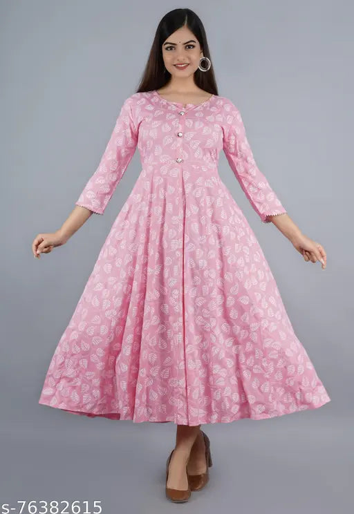 Pink rayon anarkali gown, three-quarter sleeves, printed combo for women's party wear, Indian origin