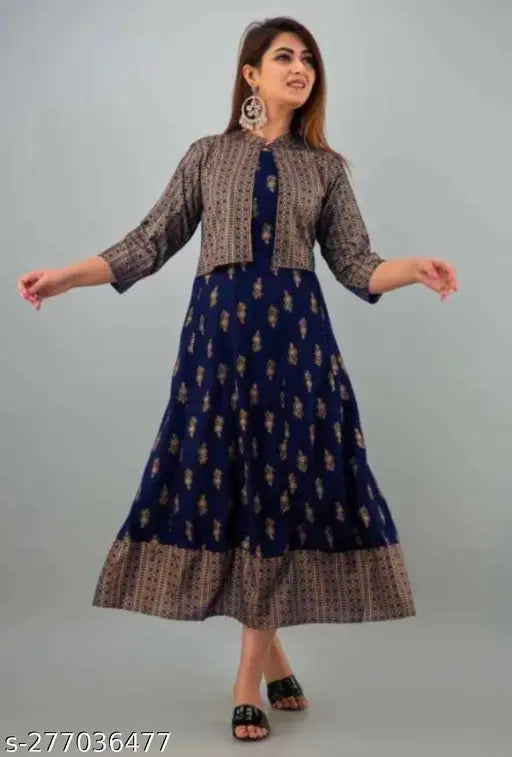 Blue Rayon three-quarter sleeve printed combo dress, "L" size Blue Jacklin gawan for festive party wear