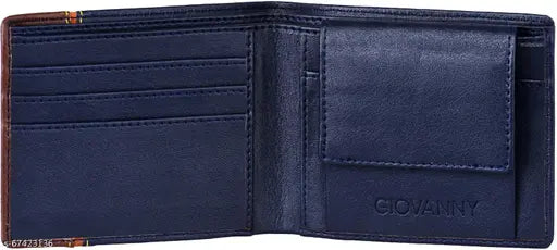 Blue-brown leather men's wallet by Giovanny, solid pattern, free size (11cm x 9cm), India-made