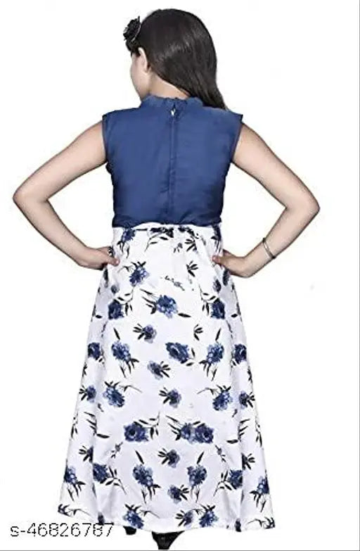 Navy blue cotton blend ethnic gown for girls, floral print, short sleeve, V-neck, belted. Perfect for parties, weddings, special occasions, and Indian festivals like Diwali, Navratri, Dussehra, Pongal, Onam, Lohri, Eid, Christmas. Sizes 4-5 Years to 10-11 Years, made in India