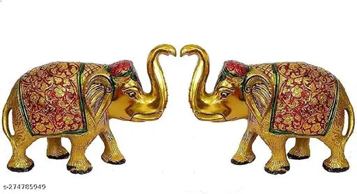 Colorful metal elephant idols set, 2 medium figurines for home temple, office gifting, symbolizing happiness and prosperity. Dimensions: L-B-H-8x2.5x6 cm. Indian origin