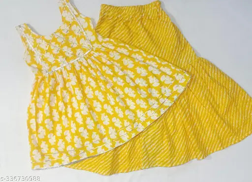 Yellow cotton Sanganeri Kantha print Haldi ceremony kurti & Sharara set for kids, vibrant anarkali top and flared bottom with intricate floral patterns