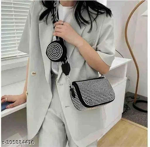 Black allover rhinestone decor square bag with coin purse