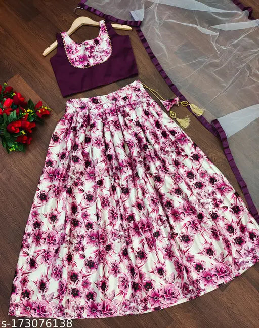 NEW kids choli-lengha full stitched set, satin & net floral print, sleeveless, Indian traditional wear