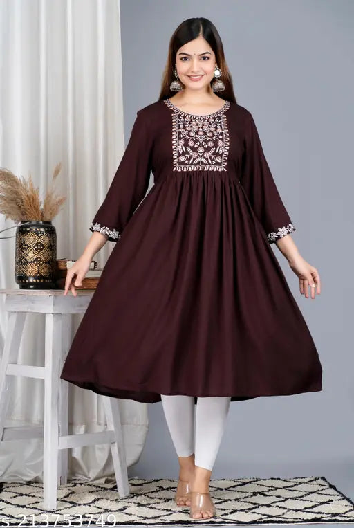 Brown designer kameez dress with embroidered details