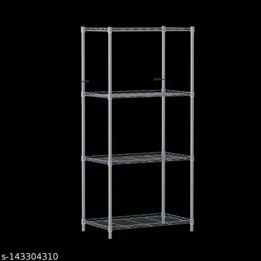 Modern metal shelf with three tiers and white backsplash