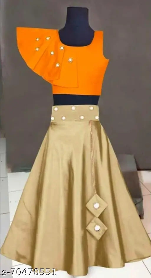 Indi Girls Solid Lehenga & Crop Top, 100% Silk Cotton Blend, Embellished Mirror Work, Perfect for Indian Occasions, Size 2-15 Years