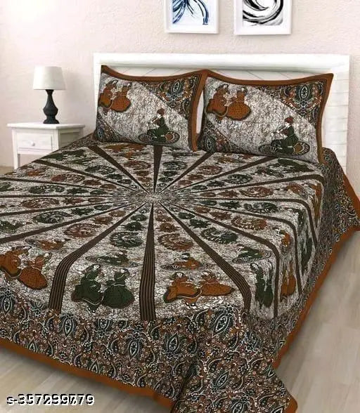 Pure cotton double bed sheets with two jaipuri-patterned pillow covers, superfine quality for summer adult use, made in India