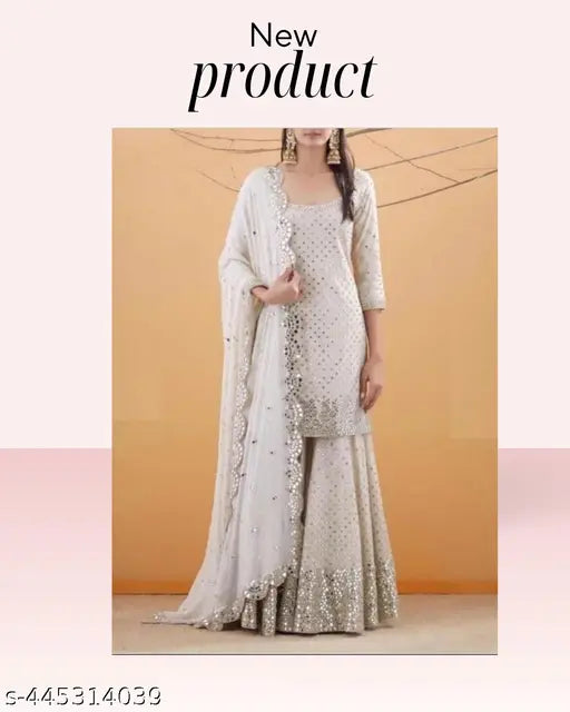 Women's wearable solid sharara set in light color with dupatta, made from georgette fabric, likely for formal wear