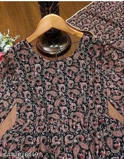 Printed Maoon Georgette gown, long sleeves, full-length, faux fabric with cotton lining, round neck, Umbrella flair, size L (40/50/42)