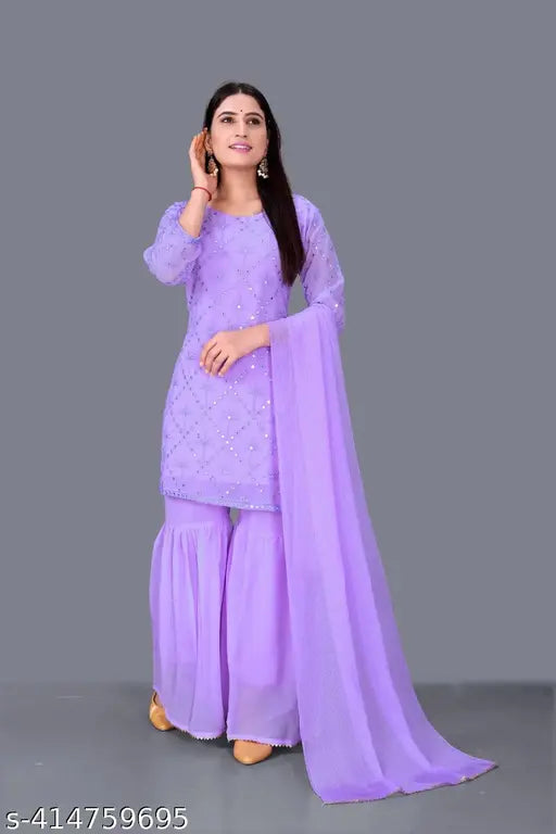 Purple georgette party dress, embroidered full-sleeve kurta, matching sharara bottom and dupatta set