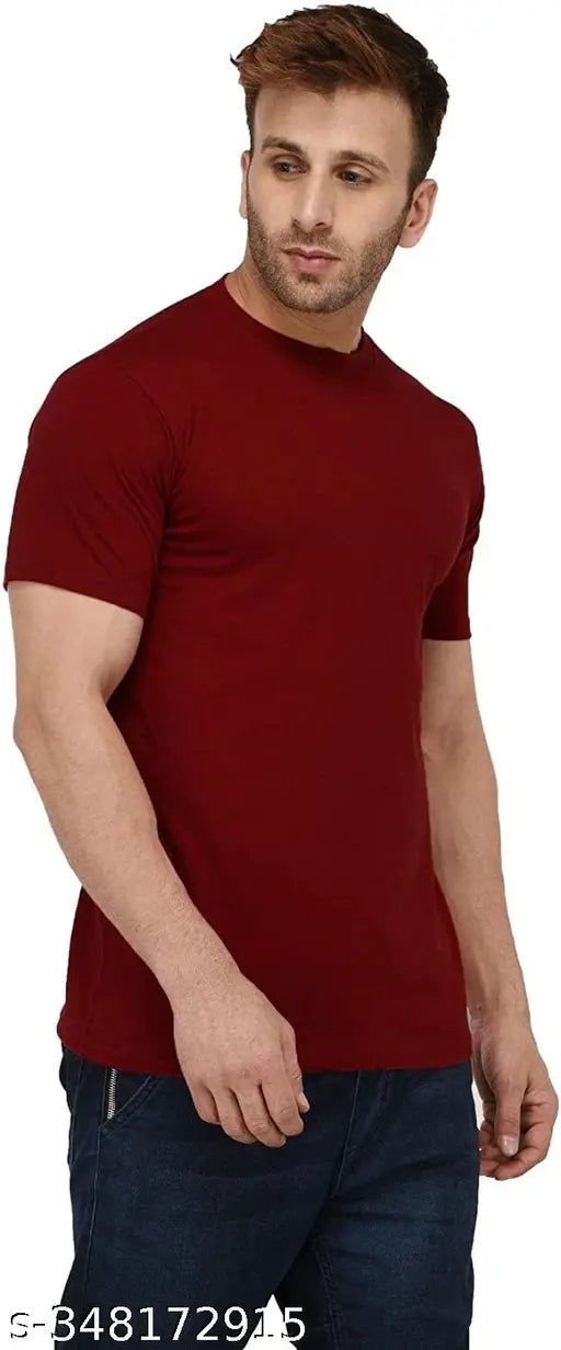 Stylish men's solid polyester t-shirt, short sleeves, plain regular fit gym wear, M (42in chest, 30in length), India origin