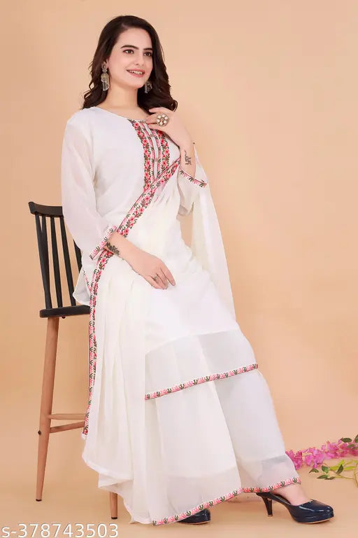 Adrika Drishya Women's Georgette Kurta Set, embroidered with three-quarter sleeves, L, XL, XXL sizes. Indian ethnic wear for festive occasions or weddings