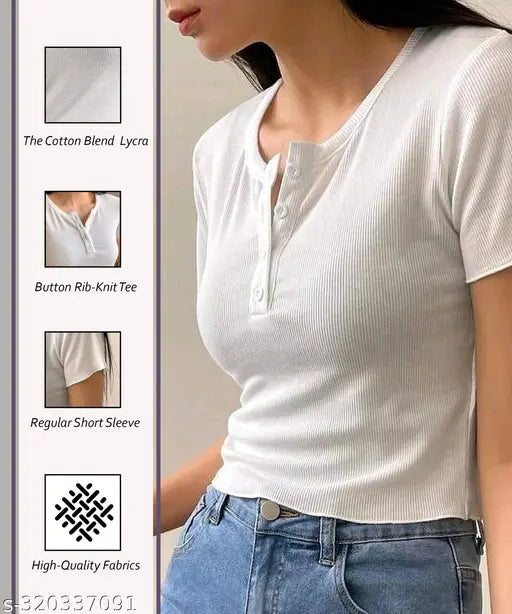 Cotton blend rib-knit tee, half button design, self-patterned for women's summer wear on hanger