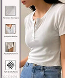 Cotton blend rib-knit tee, half button design, self-patterned for women's summer wear on hanger